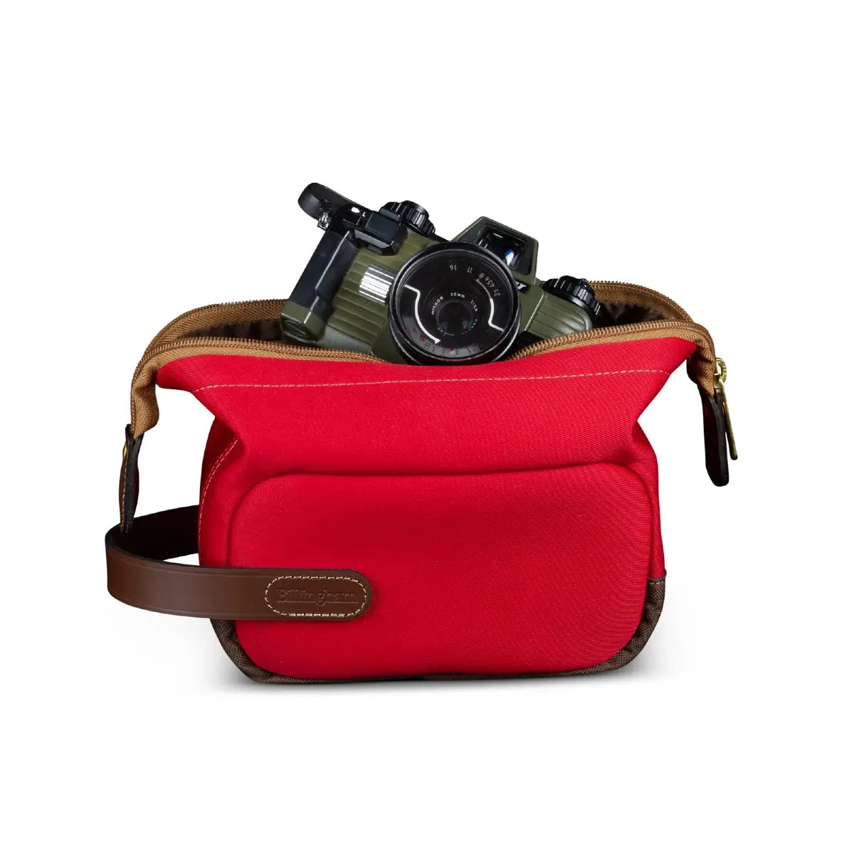 Red camera bag with a camera inside on a white background