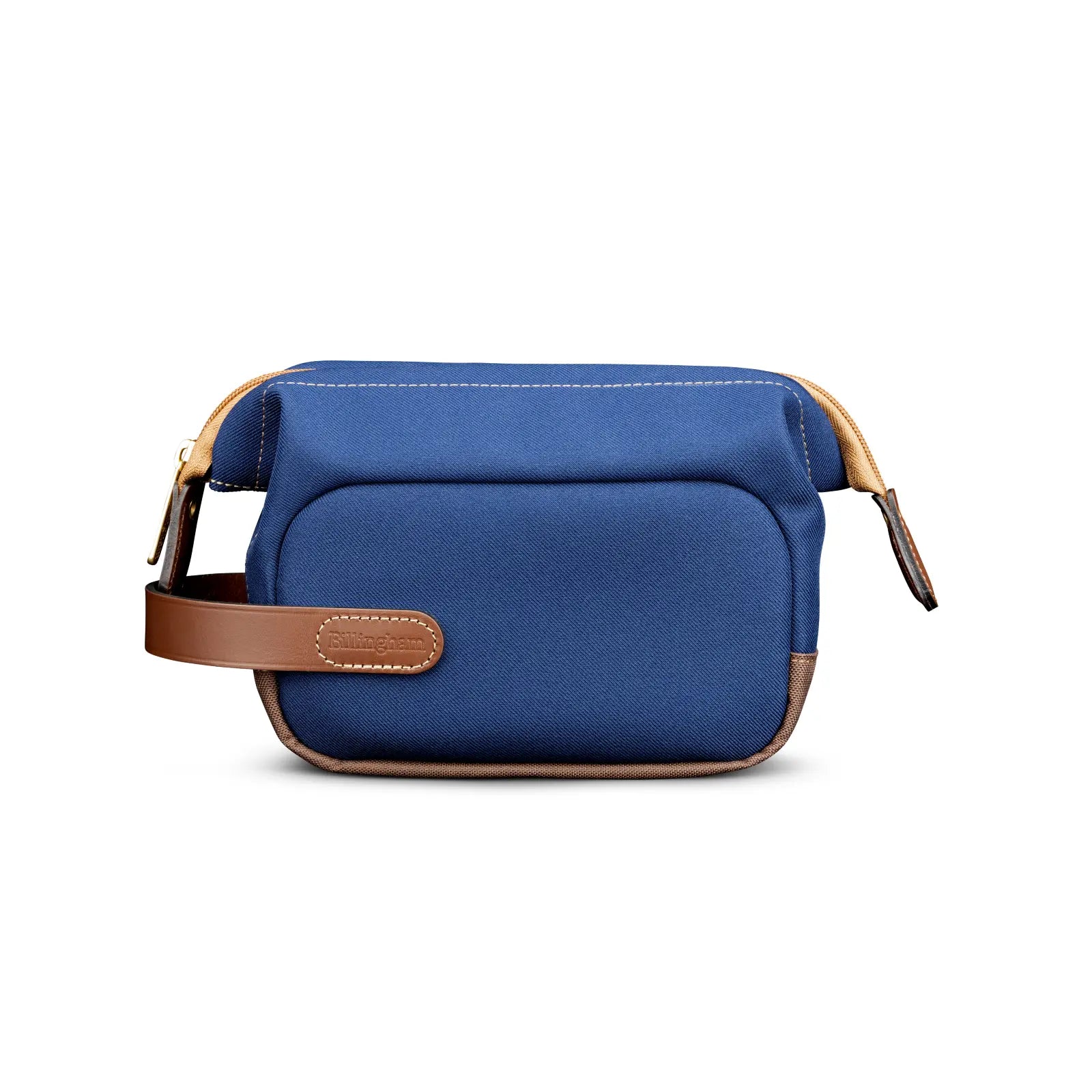 Blue bag with brown leather strap on a white background