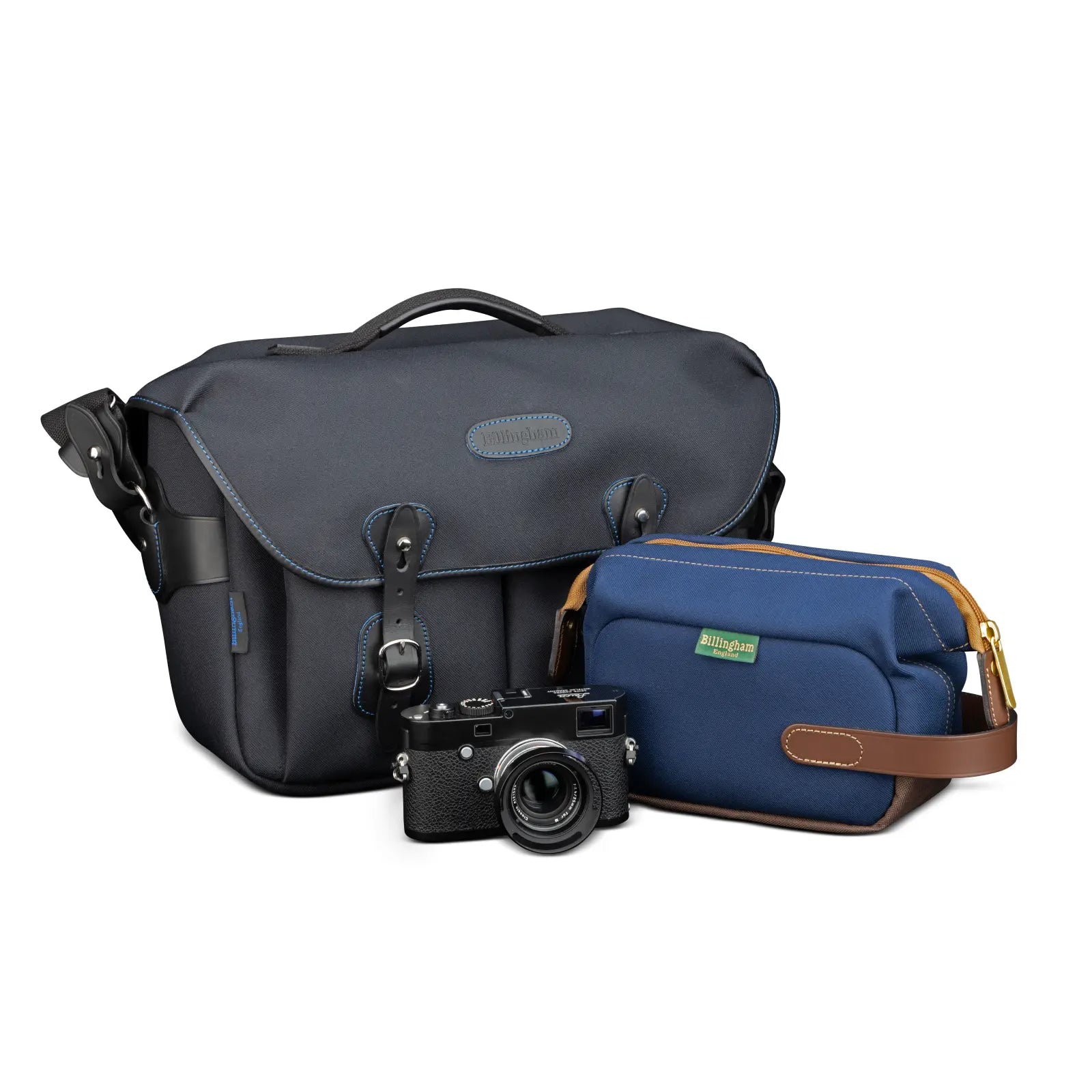 Camera bag, camera, and smaller pouch on a white background