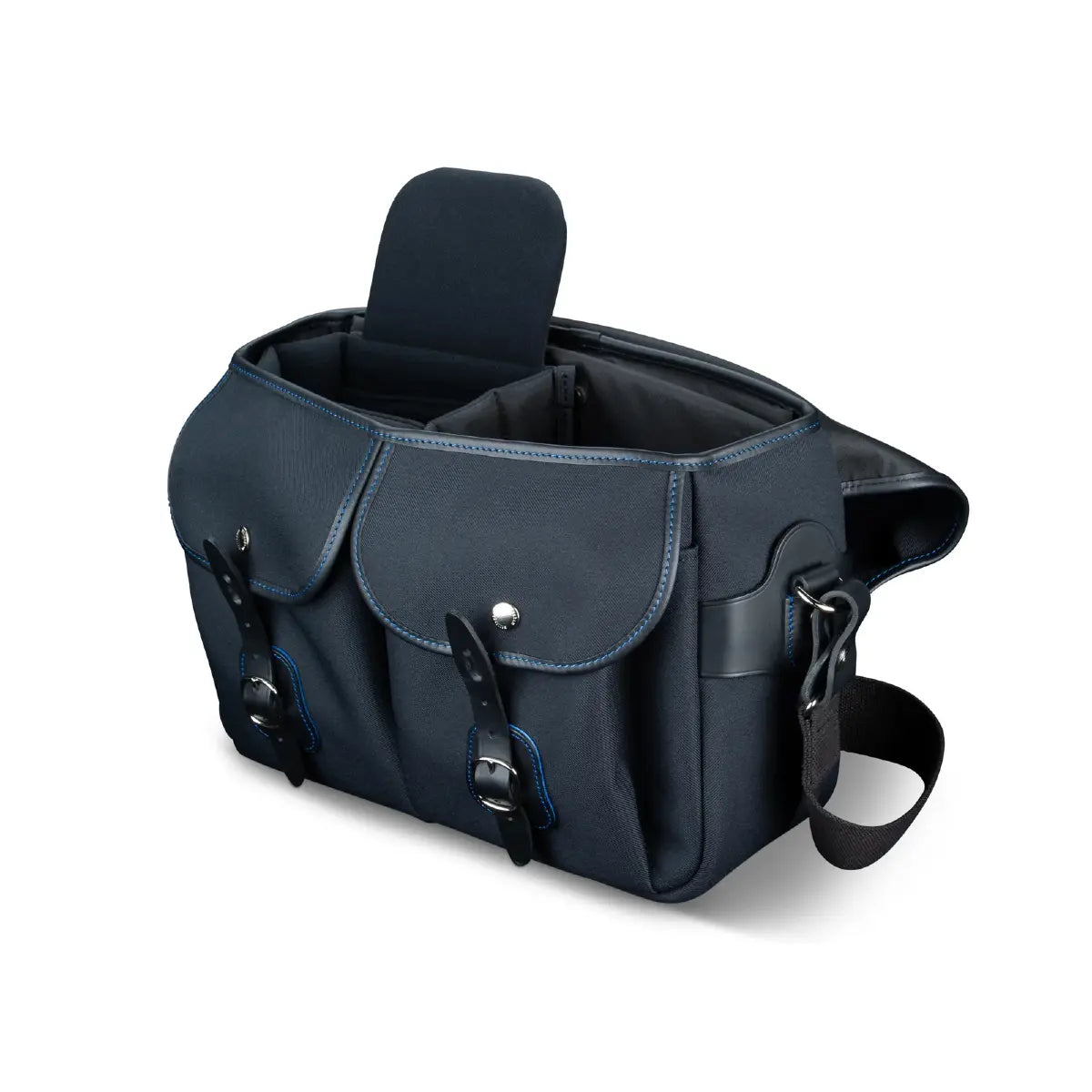 Black leather bag with a strap on a white background