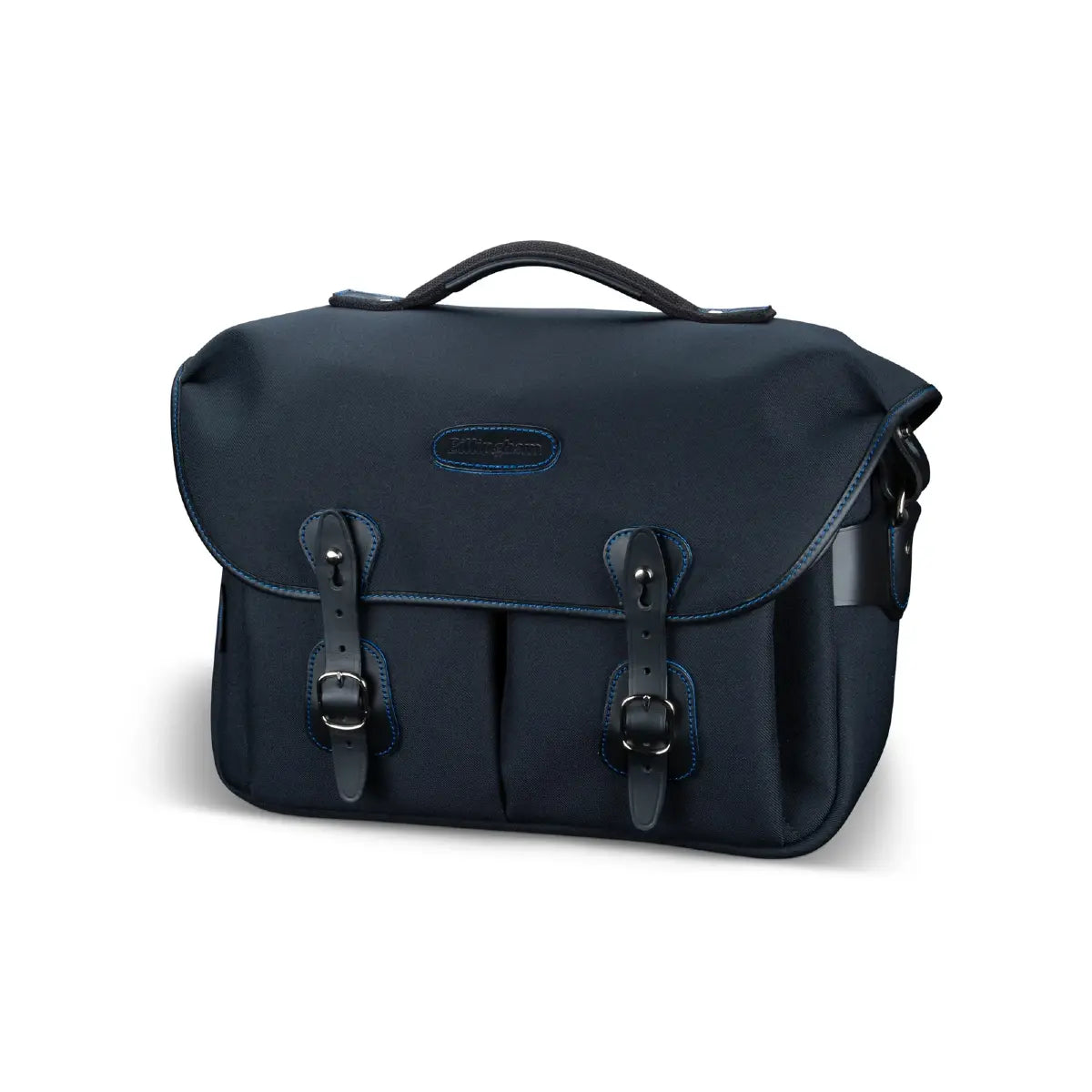Navy blue leather satchel bag on a white background