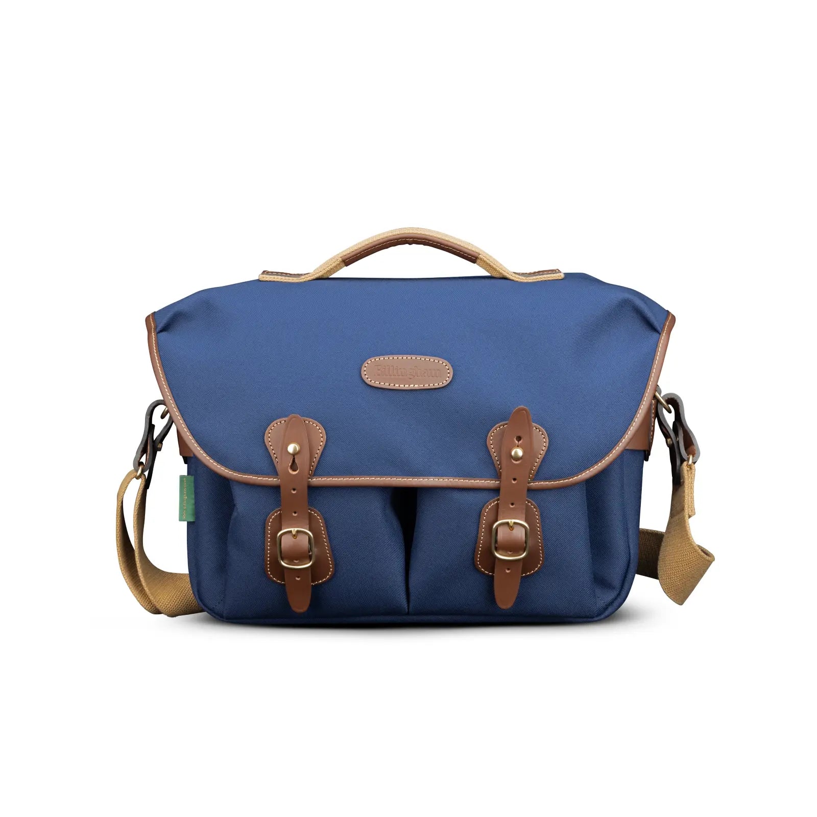Blue bag with brown straps and accents on a white background