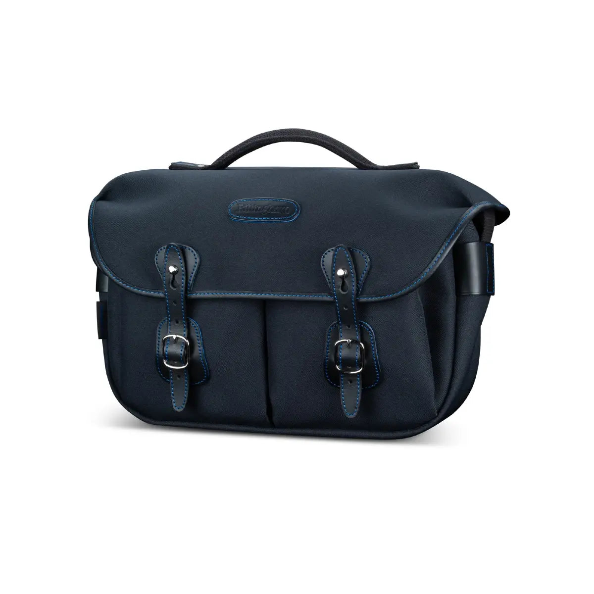Navy blue leather satchel bag on a white background