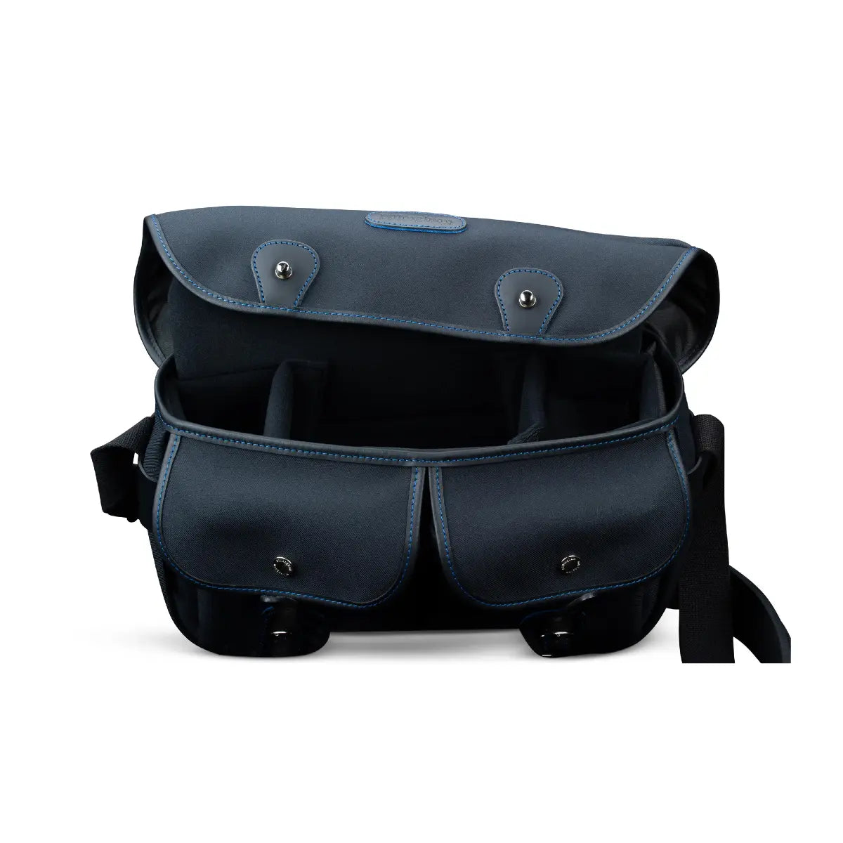 Blue leather bag with multiple pockets on a white background