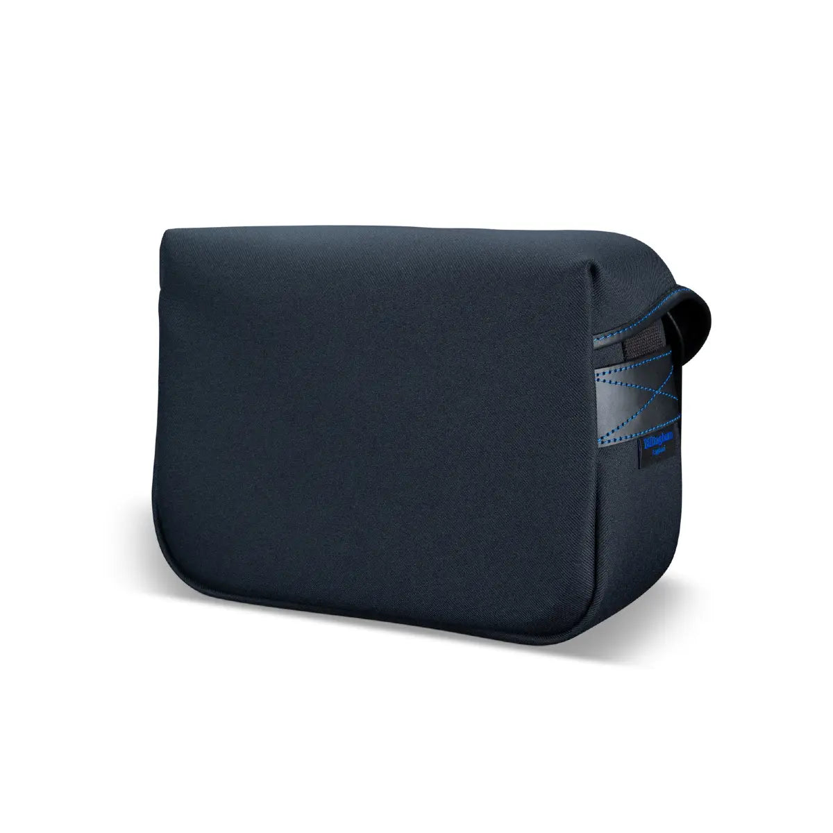 Black bag with a blue label on a white background