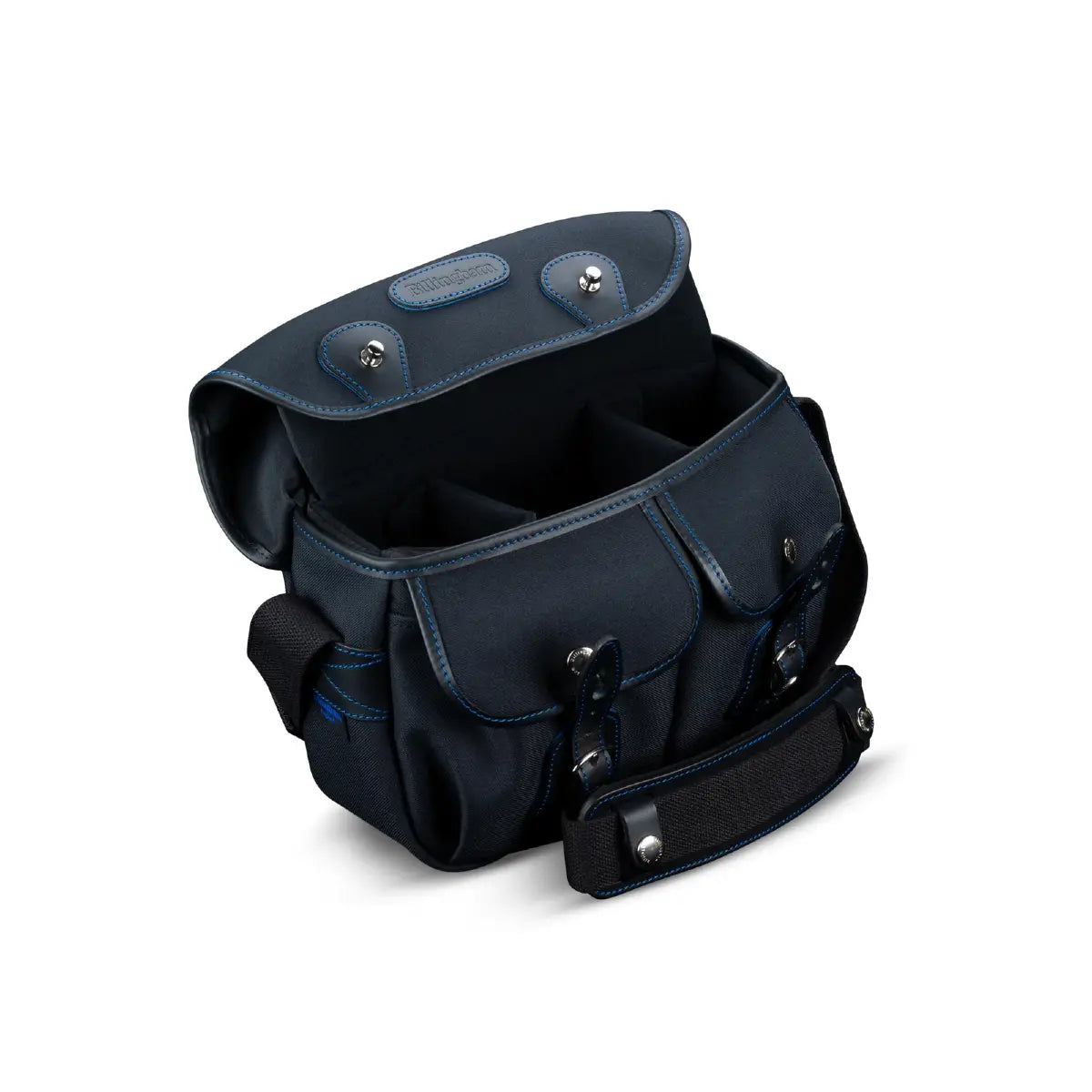 Black tool bag with blue accents on a white background