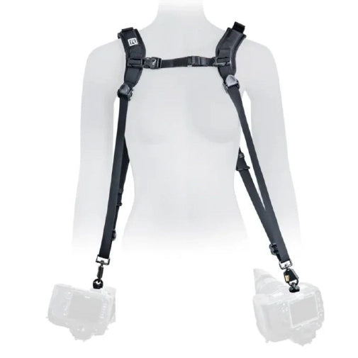 Black harness with arm and leg attachments on a white background