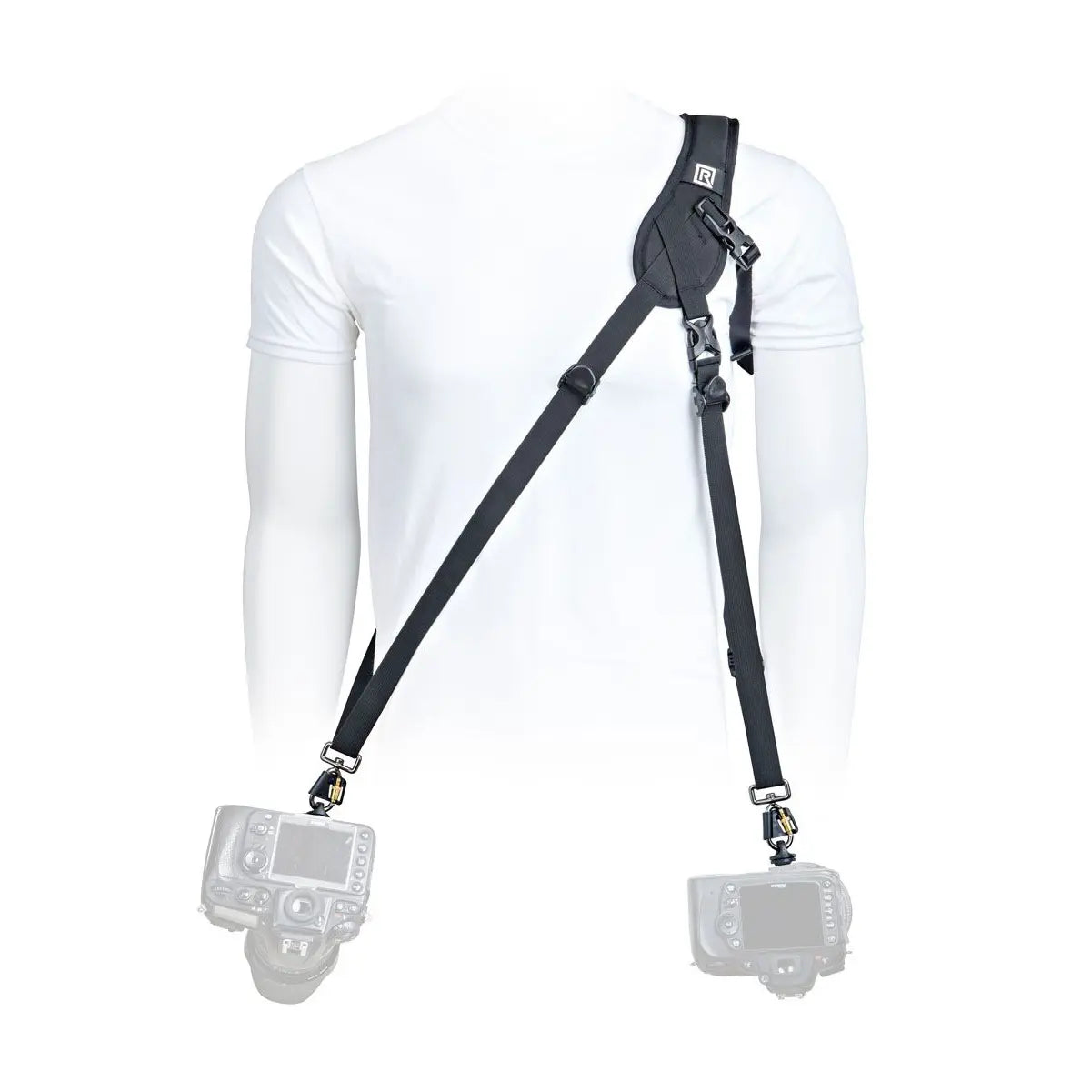 Camera strap with two camera bodies on a white background
