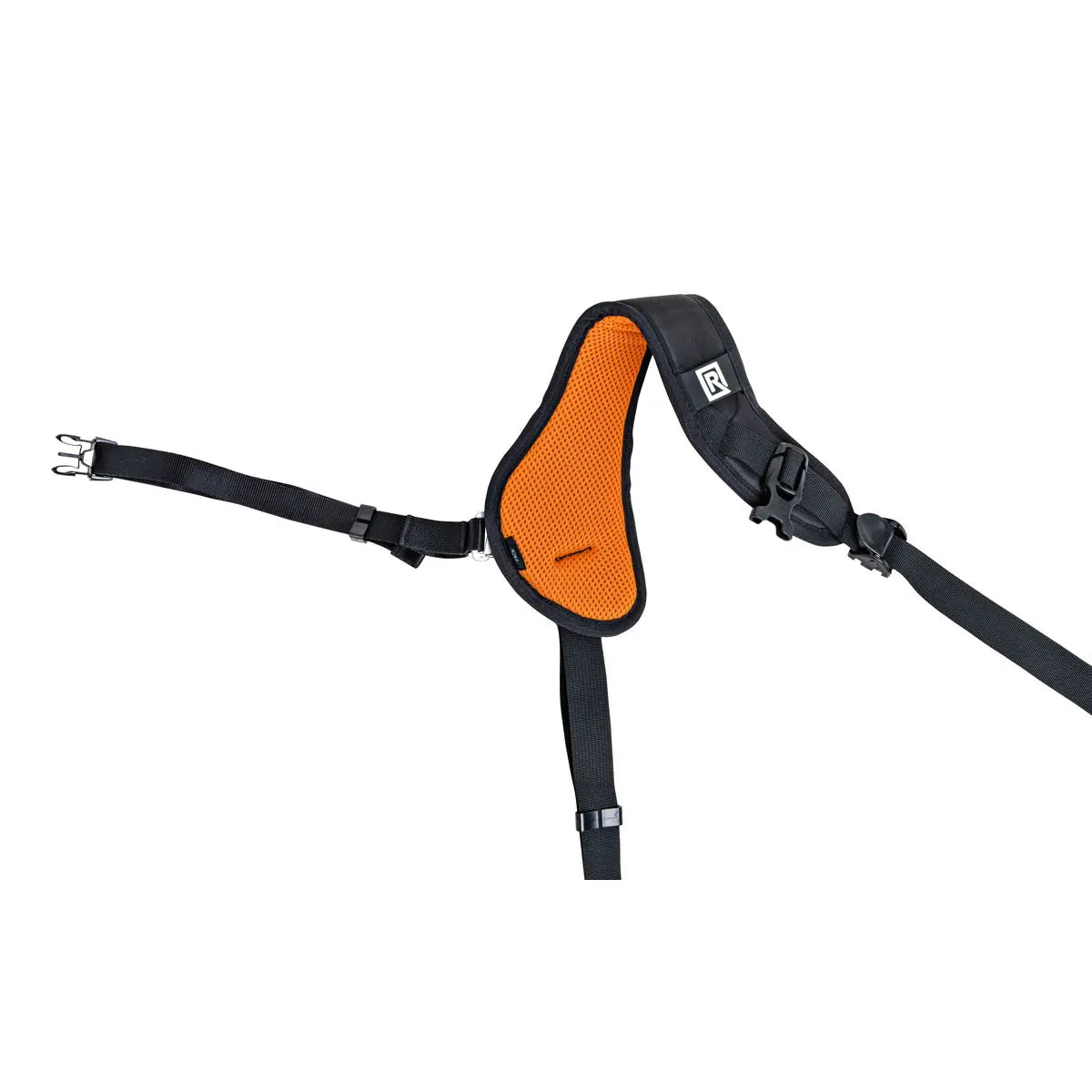 Orange and black shoulder harness on a white background