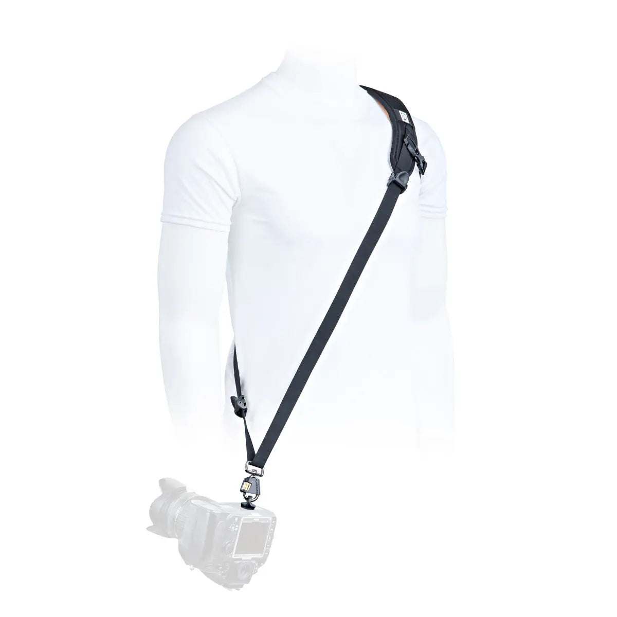 White shirt with a black strap over the shoulder on a white background