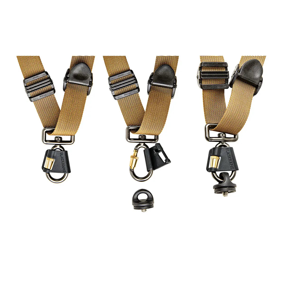 Three brown straps with black buckles and carabiners on a white background