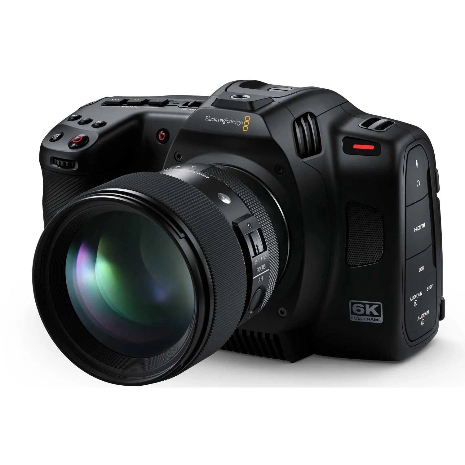 Blackmagic Design Cinema Camera 6K Full Frame L-Mount Film Camera front angle with lens