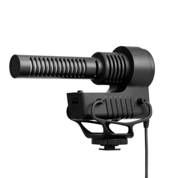 Black microphone with a large windscreen on a white background