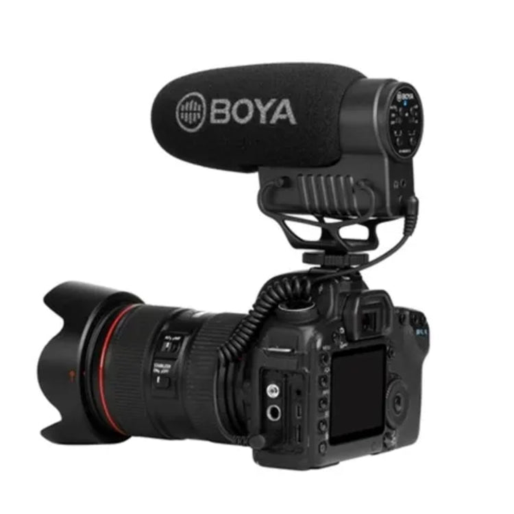 Camera with a BOYA microphone on a white background