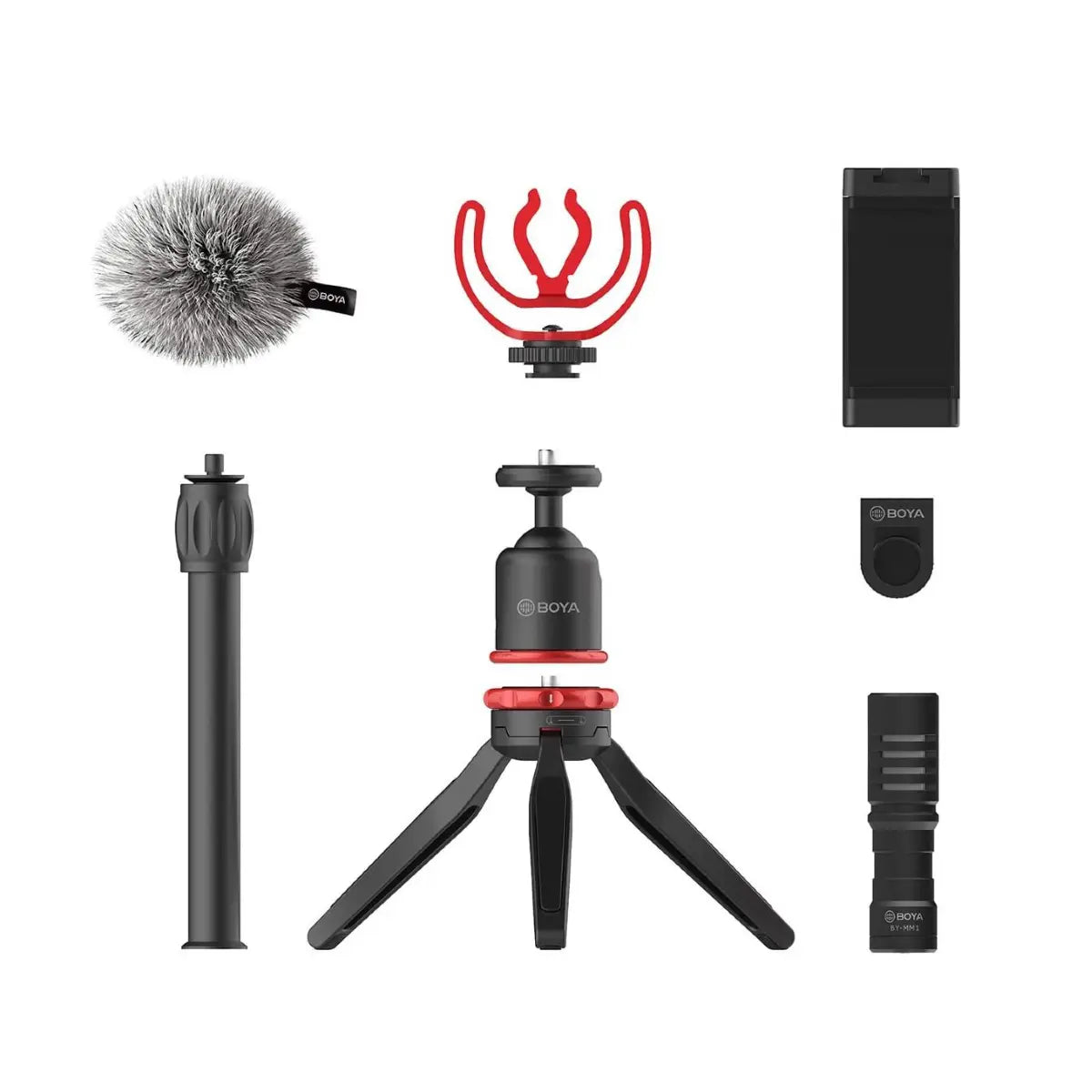 Collection of video recording equipment including a microphone, tripod, and other accessories on a white background.