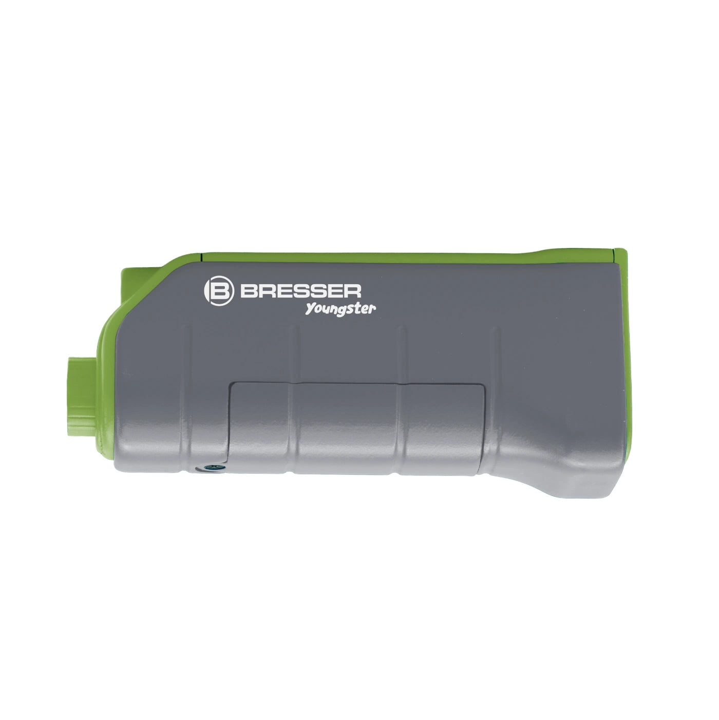 A Bresser Youngster golf rangefinder with a gray body and lime green accents, shown from a side profile view on a white background.