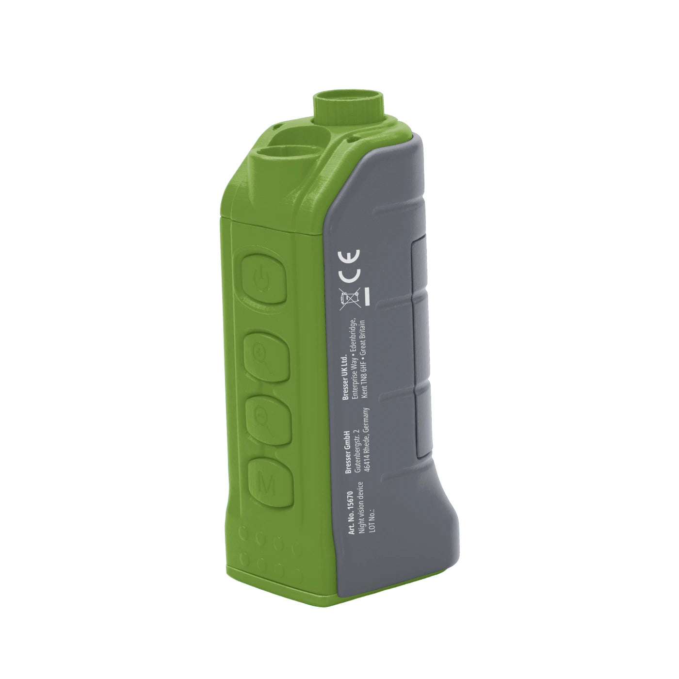 A handheld thermal monocular, shown from a side profile view. The body is split into two main colors: a bright olive green on the left side with three large circular buttons, and a dark gray on the right side with white technical specifications and CE markings.