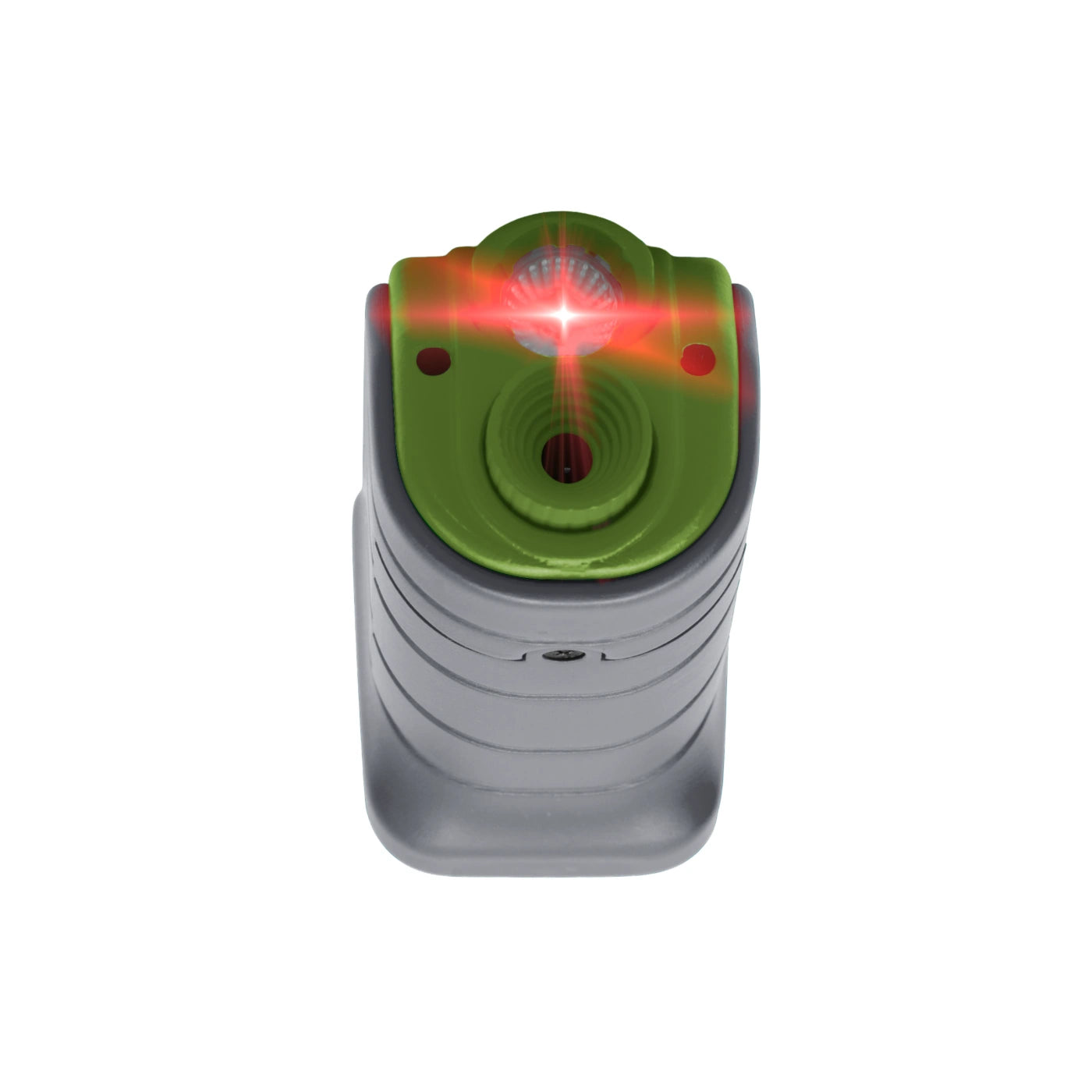 A compact gray and green handheld device with a bright red laser beam projected horizontally from the top center, shown against a plain white background.