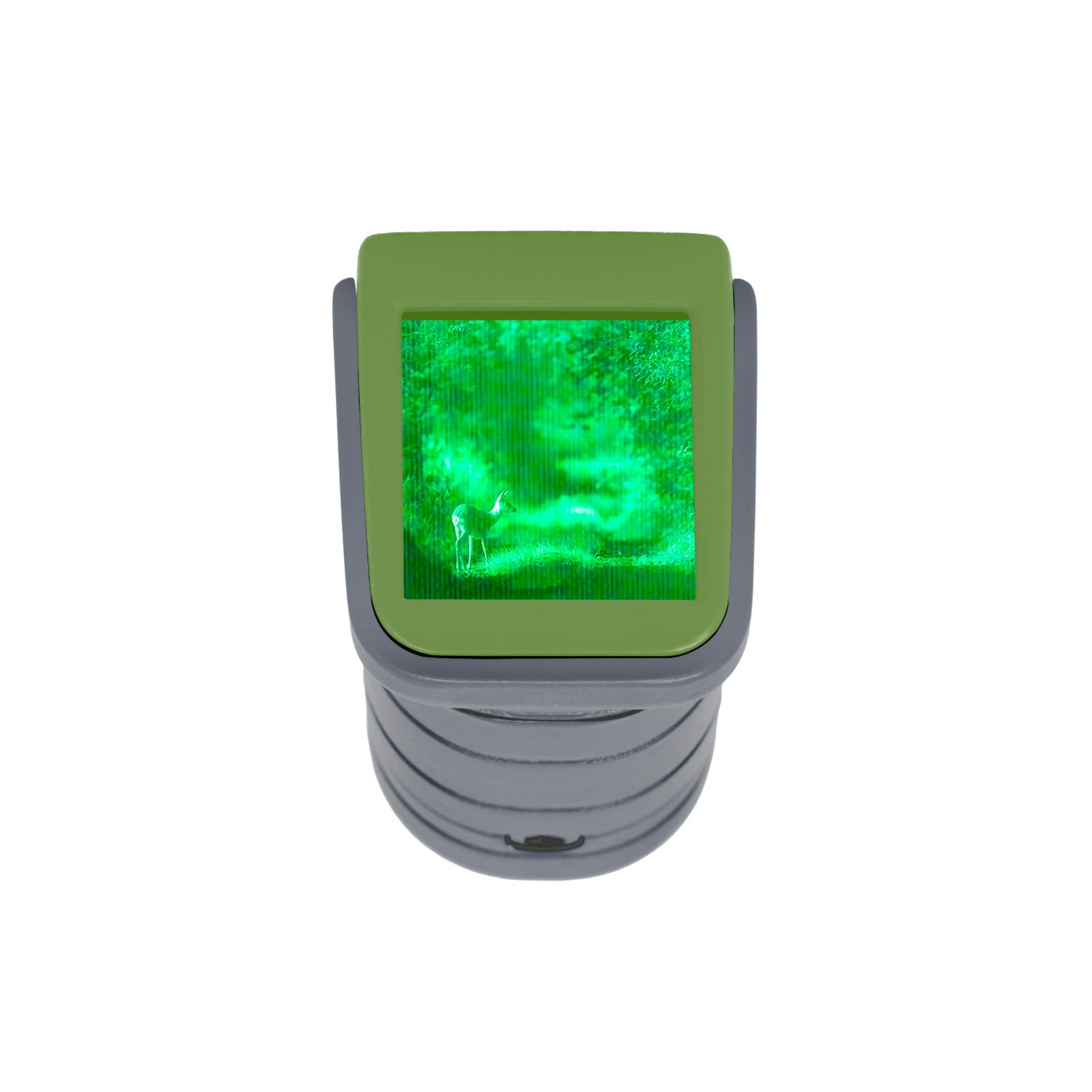 A thermal night vision camera with a gray body and a green-tinted screen displaying a green forest scene with a deer, isolated on a white background.