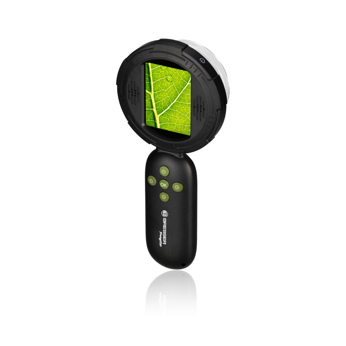 A handheld black magnifying microscope with an attached screen displaying a green leaf, shown on a clean white background with a soft reflection below.