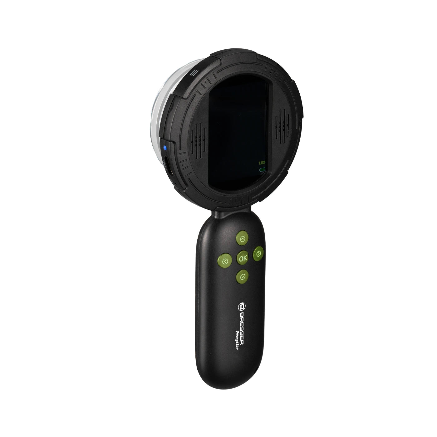 A handheld electronic device with a circular screen and a long black handle, featuring green control buttons and a visible brand logo on the handle, set against a plain white background.