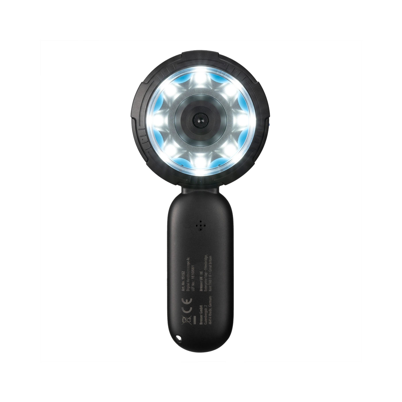 A black handheld device with a circular head featuring multiple bright white and blue LED lights, shown against a plain white background.