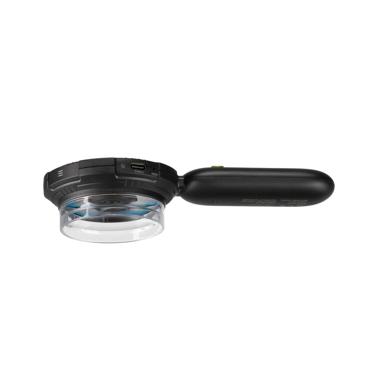 A black handheld magnifying glass with a clear circular lens and a black handle, shown on a plain white background.