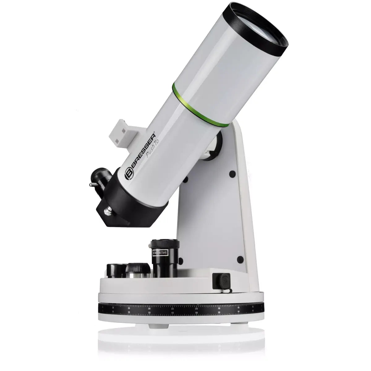 White telescope with black and green accents on a white background