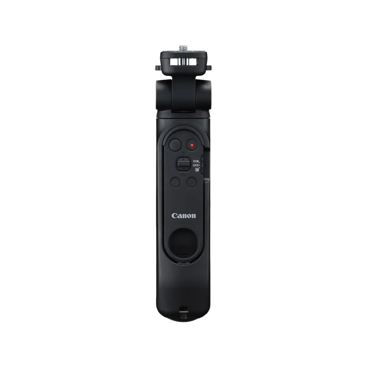 Black Canon camera remote control on a white background