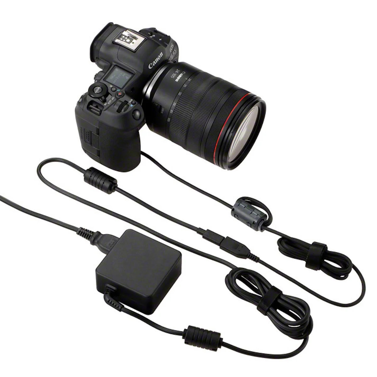 Canon DC Coupler DR-E6P product photo attached to camera