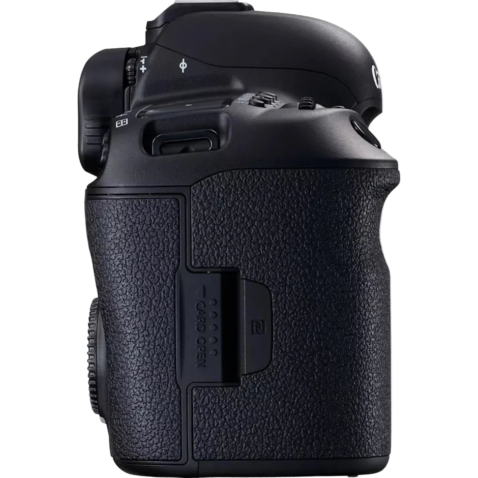 Black camera body on a white background