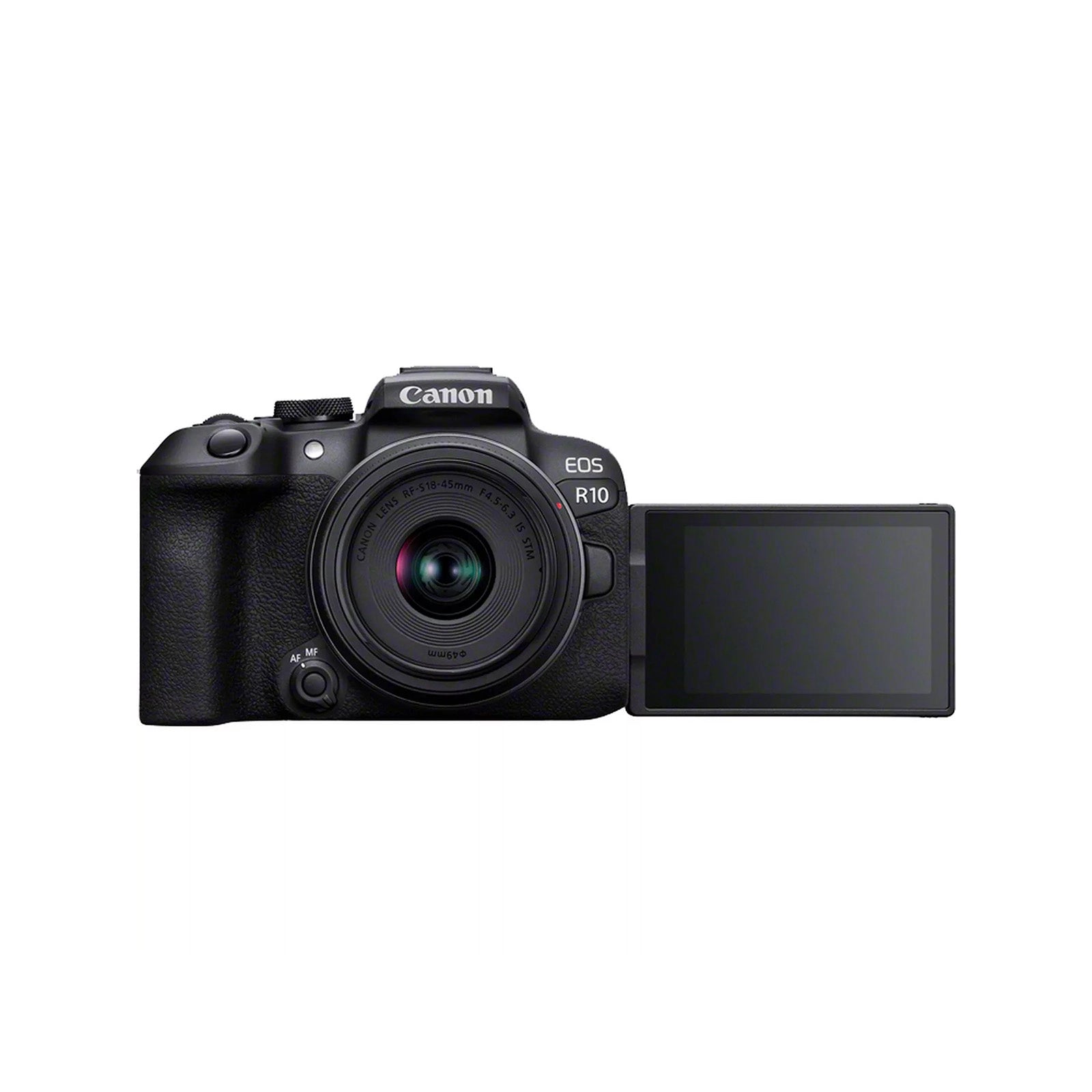 Canon EOS R10 Mirrorless Camera + RF-S 18-150mm F3.5-6.3 IS STM Lens Kit front with screen rotated