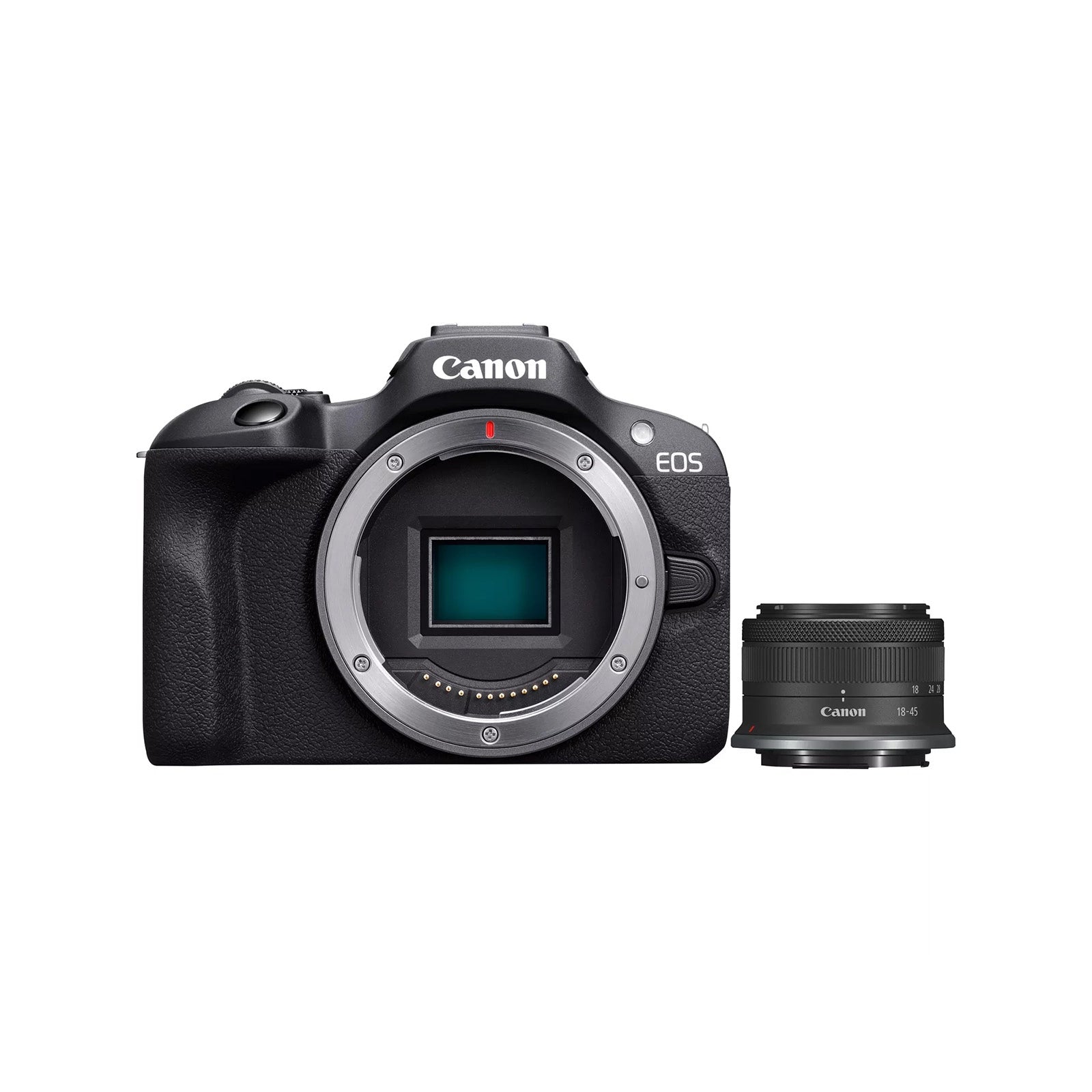 Canon EOS R100 Mirrorless Camera w/ RF-s 18-45mm Lens Kit front 3