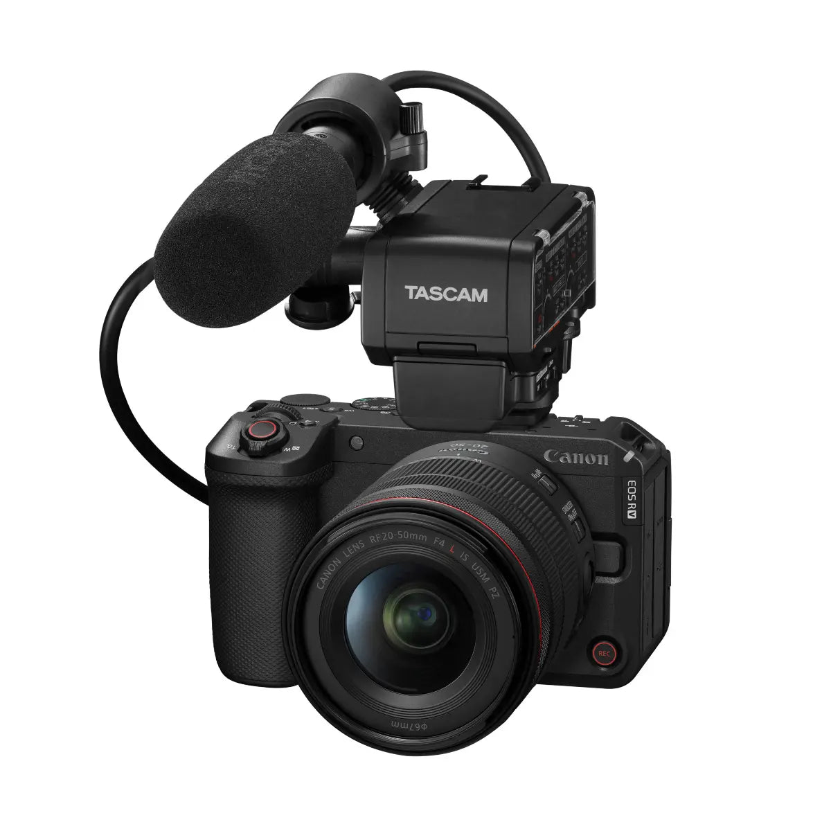Canon camera with Tascam microphone attachment on a white background