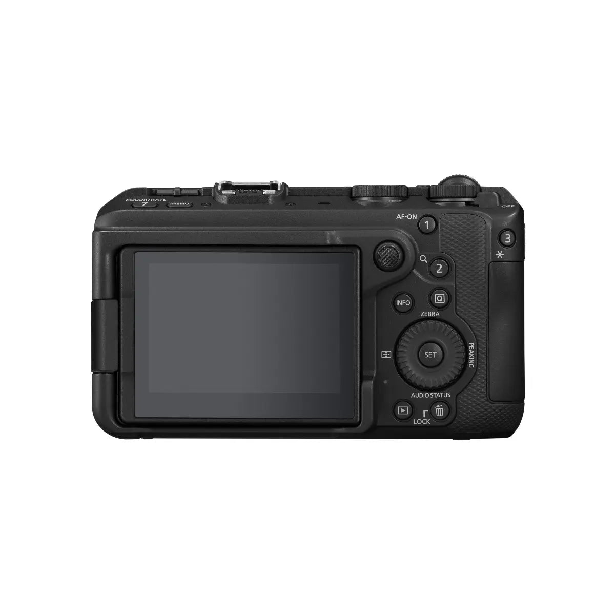 Black camera back view on a white background