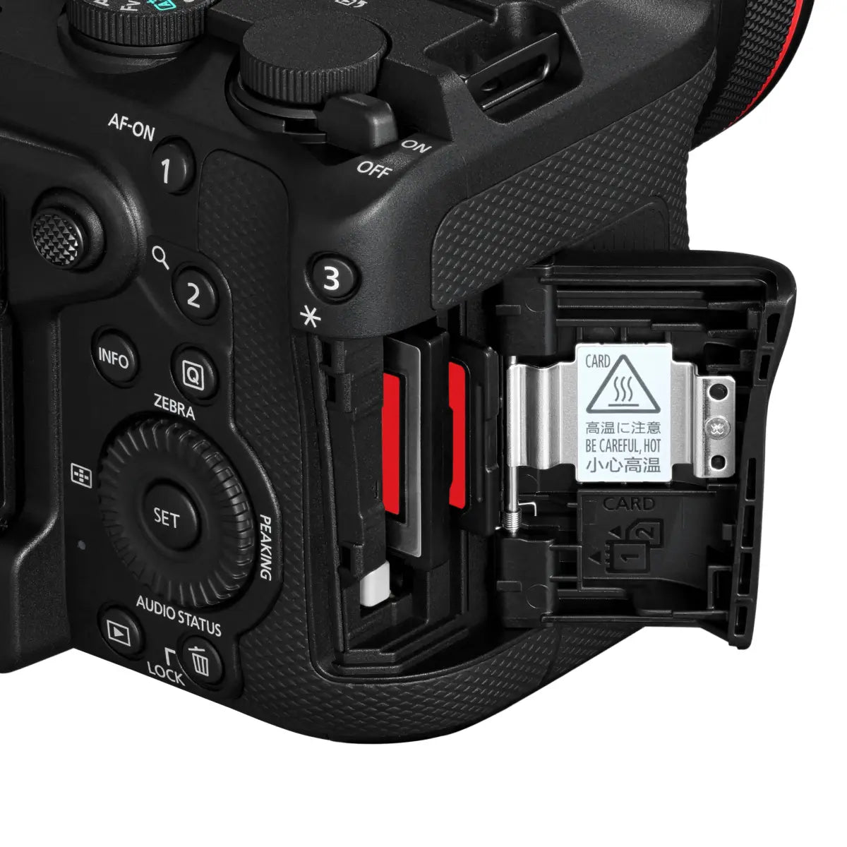 Close-up of a camera with card slots open on a white background