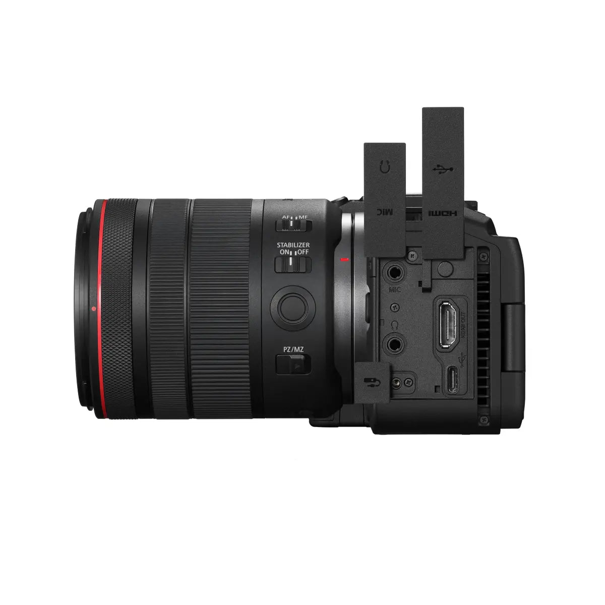 Camera lens and body on a white background