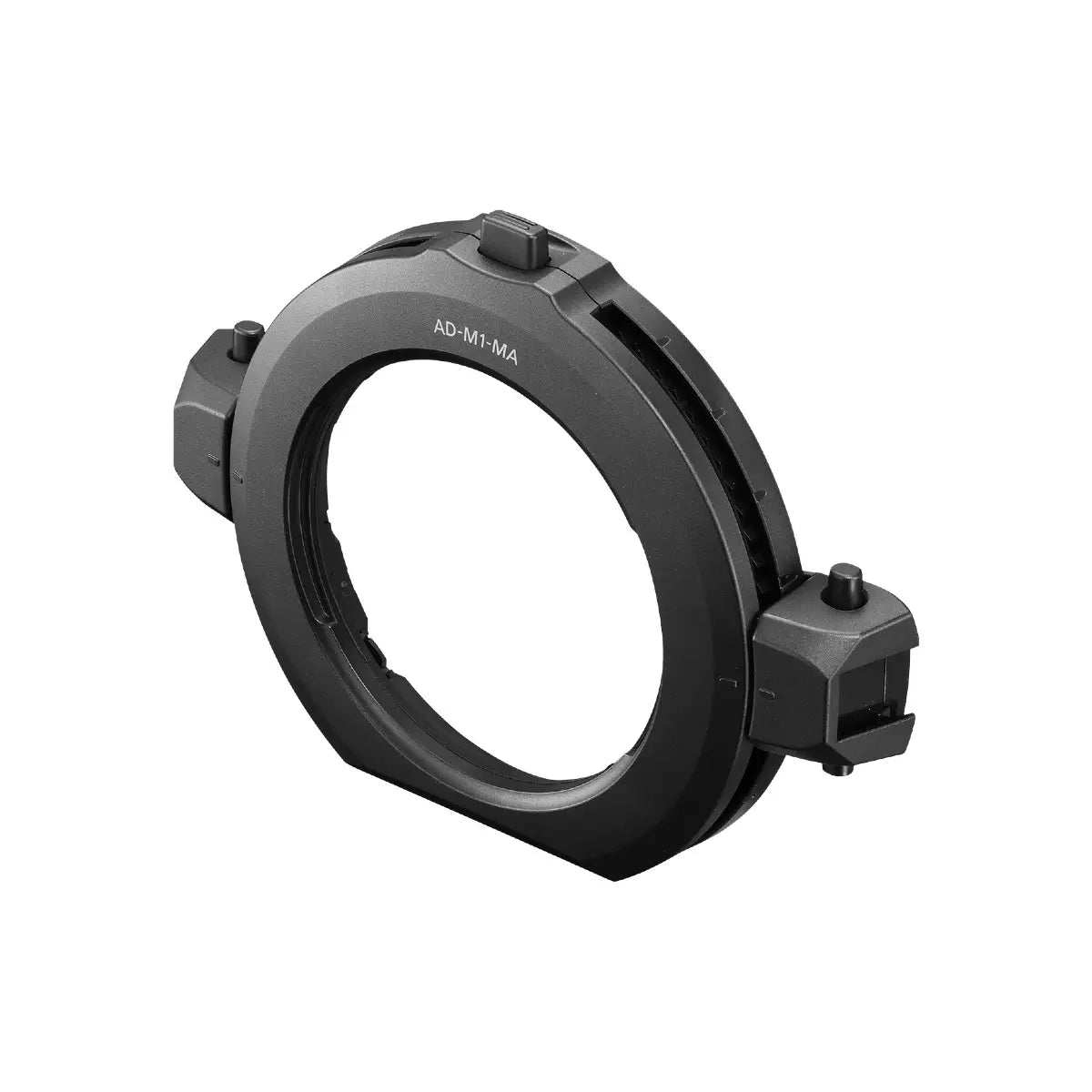 Black camera lens adapter on a white background