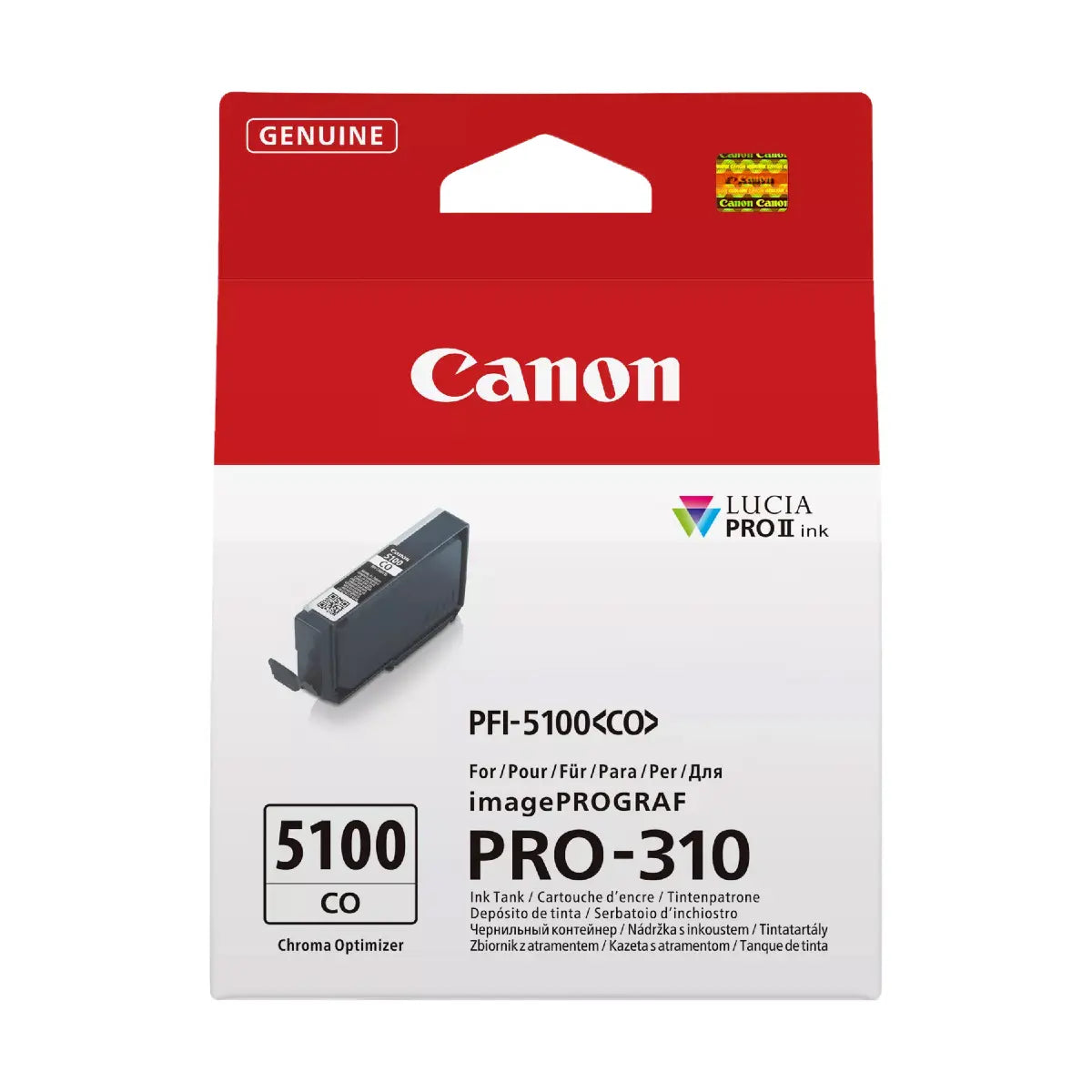 Canon ink cartridge packaging with red top and white bottom displaying product details.