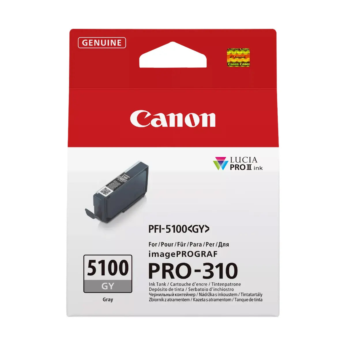 Canon ink cartridge packaging with red top and white bottom displaying product details.