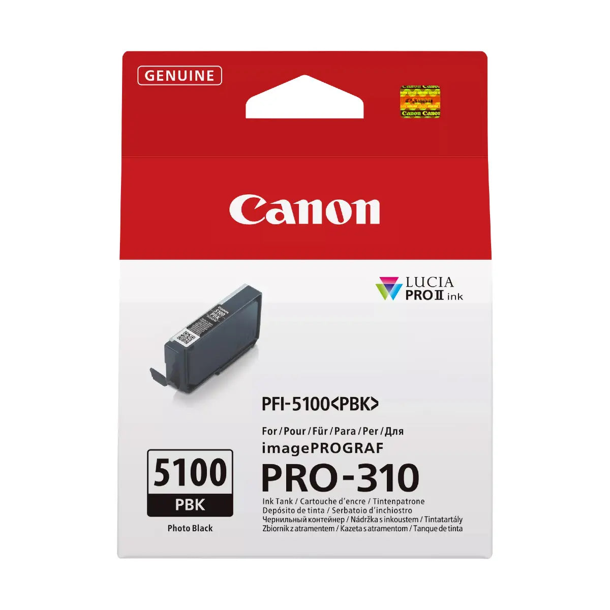 Canon PFI-5100 photo black ink cartridge packaging on a white background