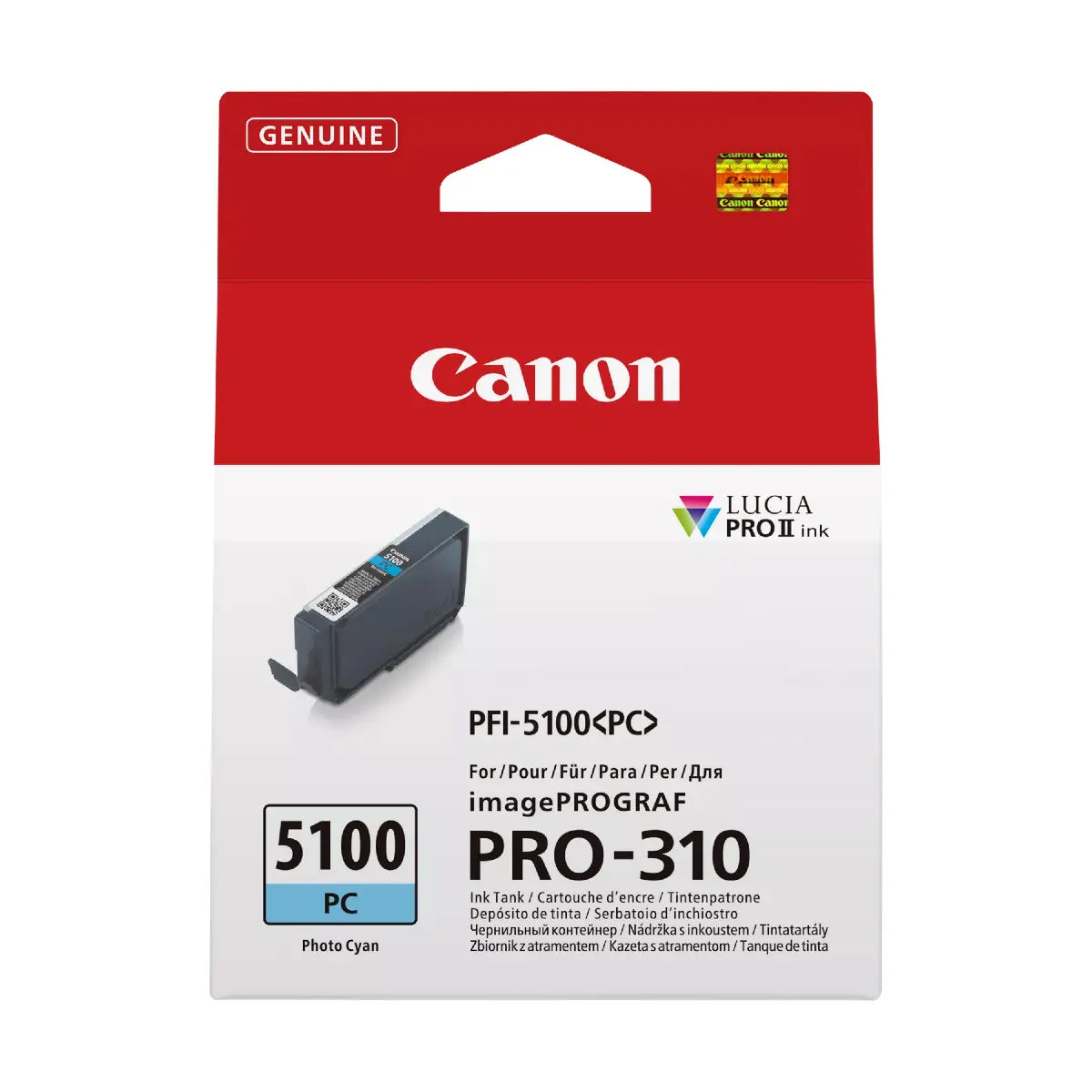 Canon ink cartridge packaging with red top and white bottom displaying product details.