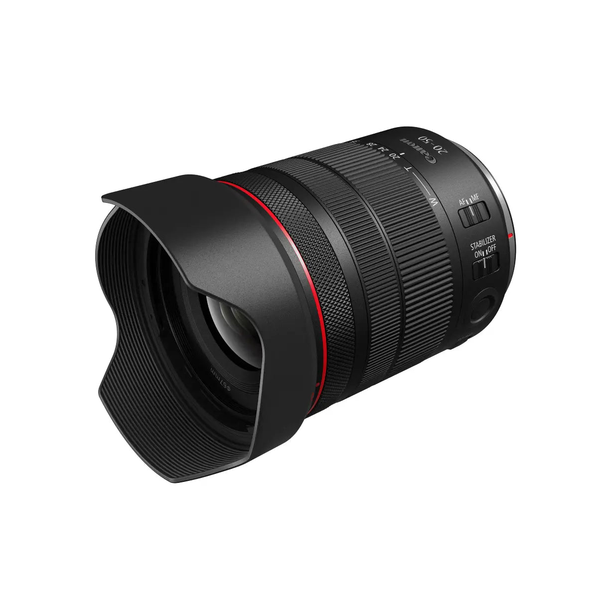 Camera lens with a black and red design on a white background