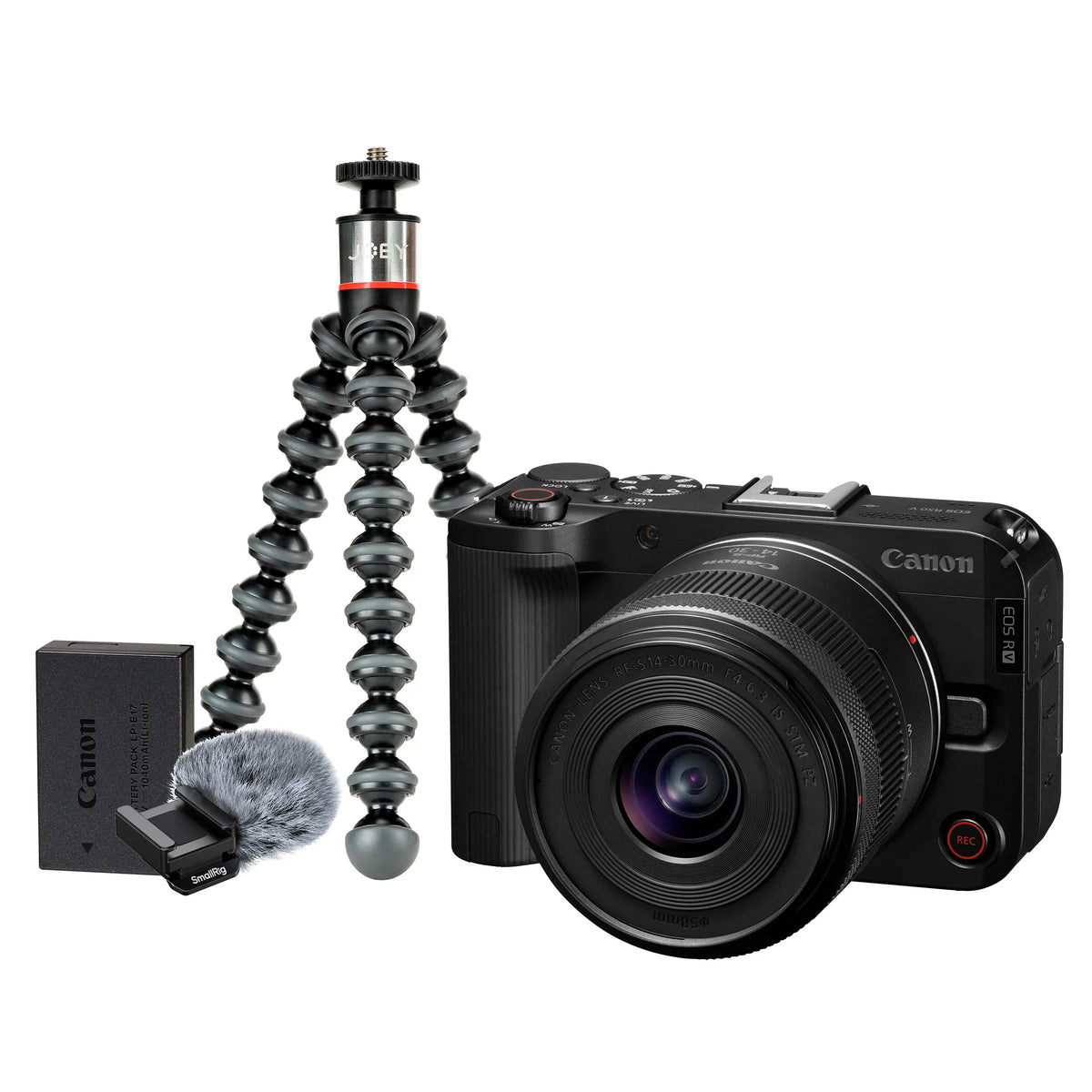 Canon R50V mirrorless camera with a zoom lens, shown with a flexible black tripod, a Canon battery, and a furry wind shield on a plain white background.