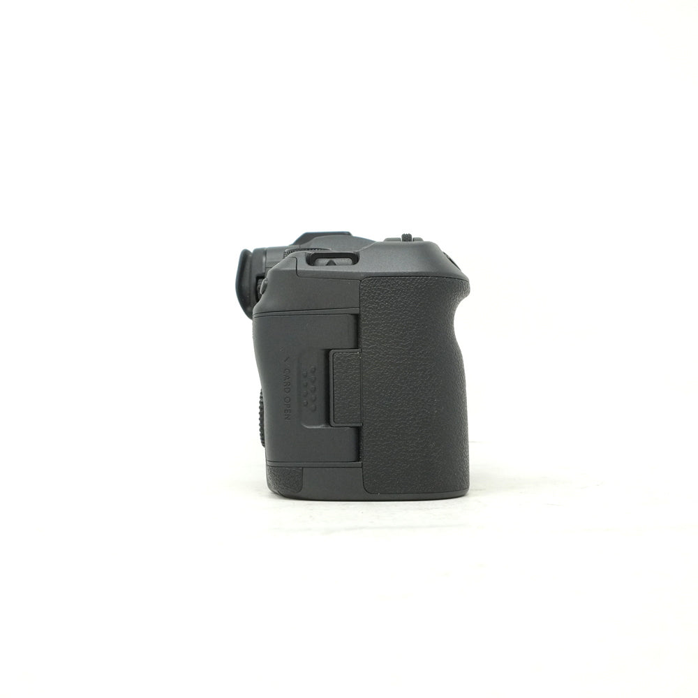 Black camera body on a white background