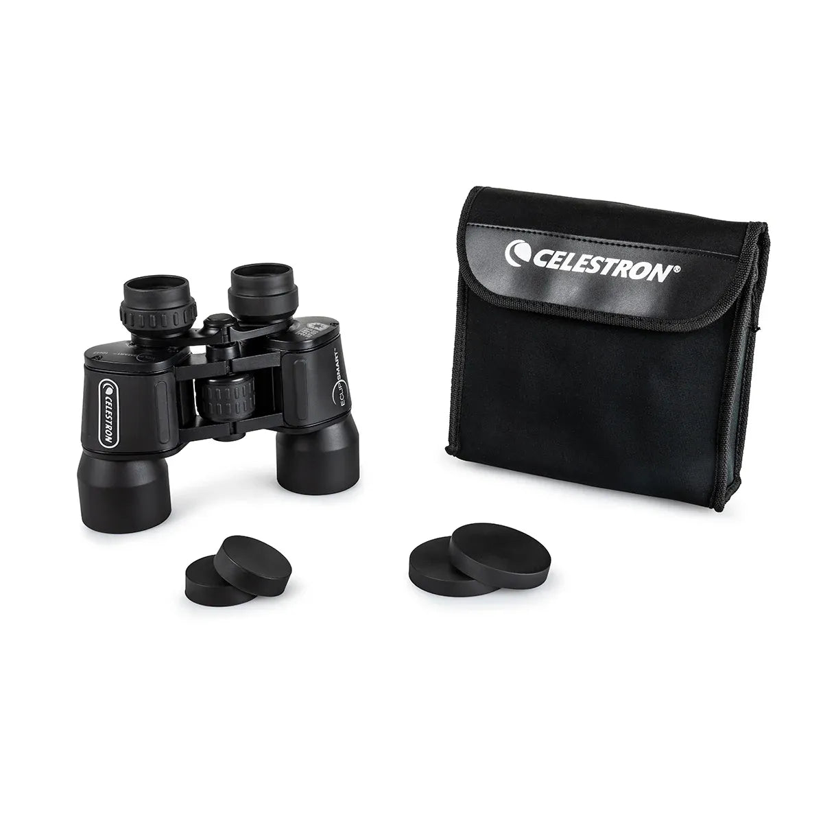 Celestron binoculars with lens caps and carrying case on a white background