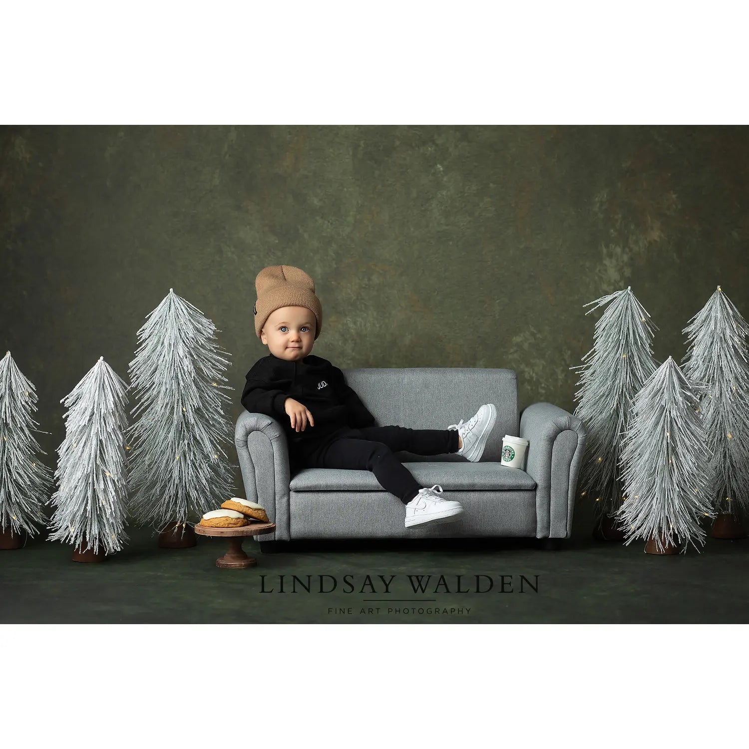 Child sitting on a gray couch with decorative trees in the background, branded 'Lindsay Walden'.