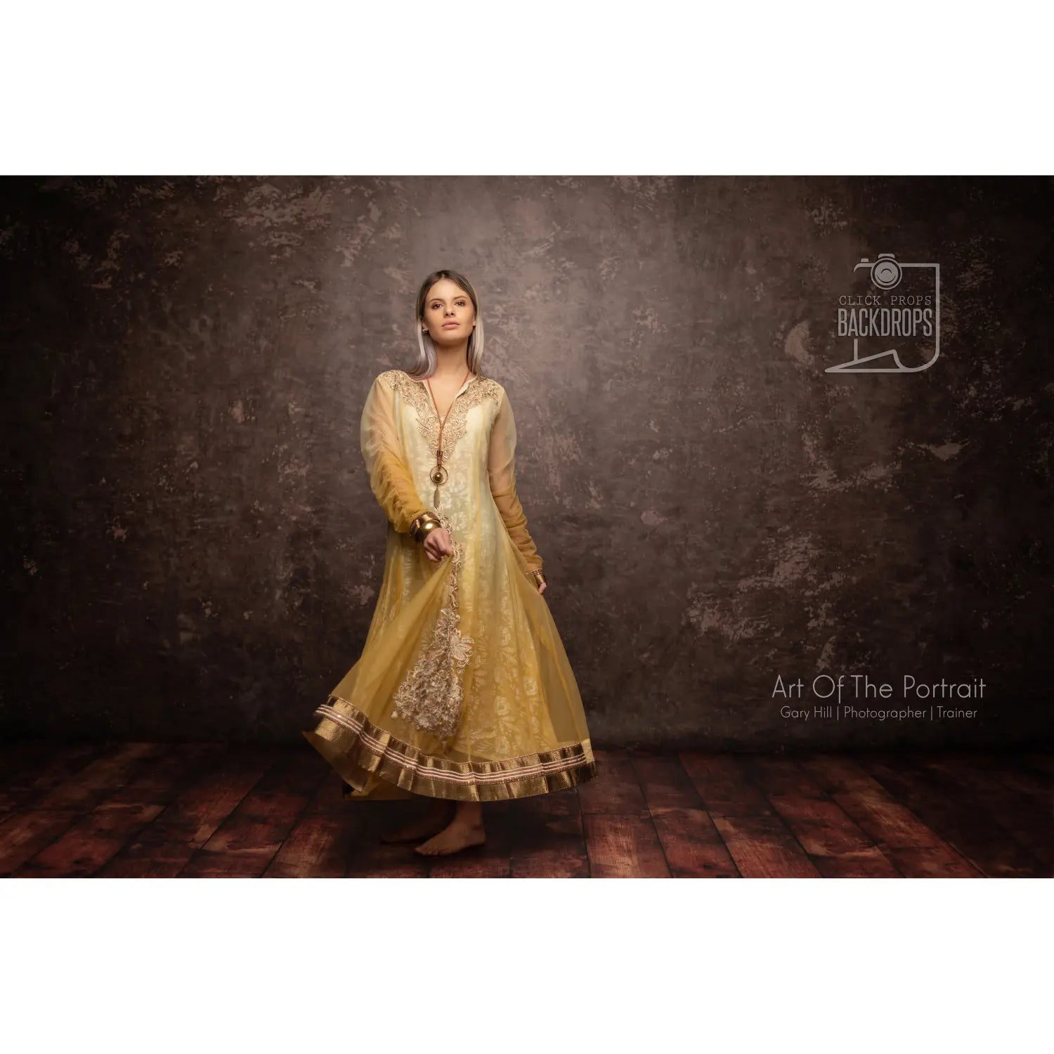 Woman in a yellow traditional outfit standing against a textured dark brown backdrop with 'Art Of The Portrait' branding.