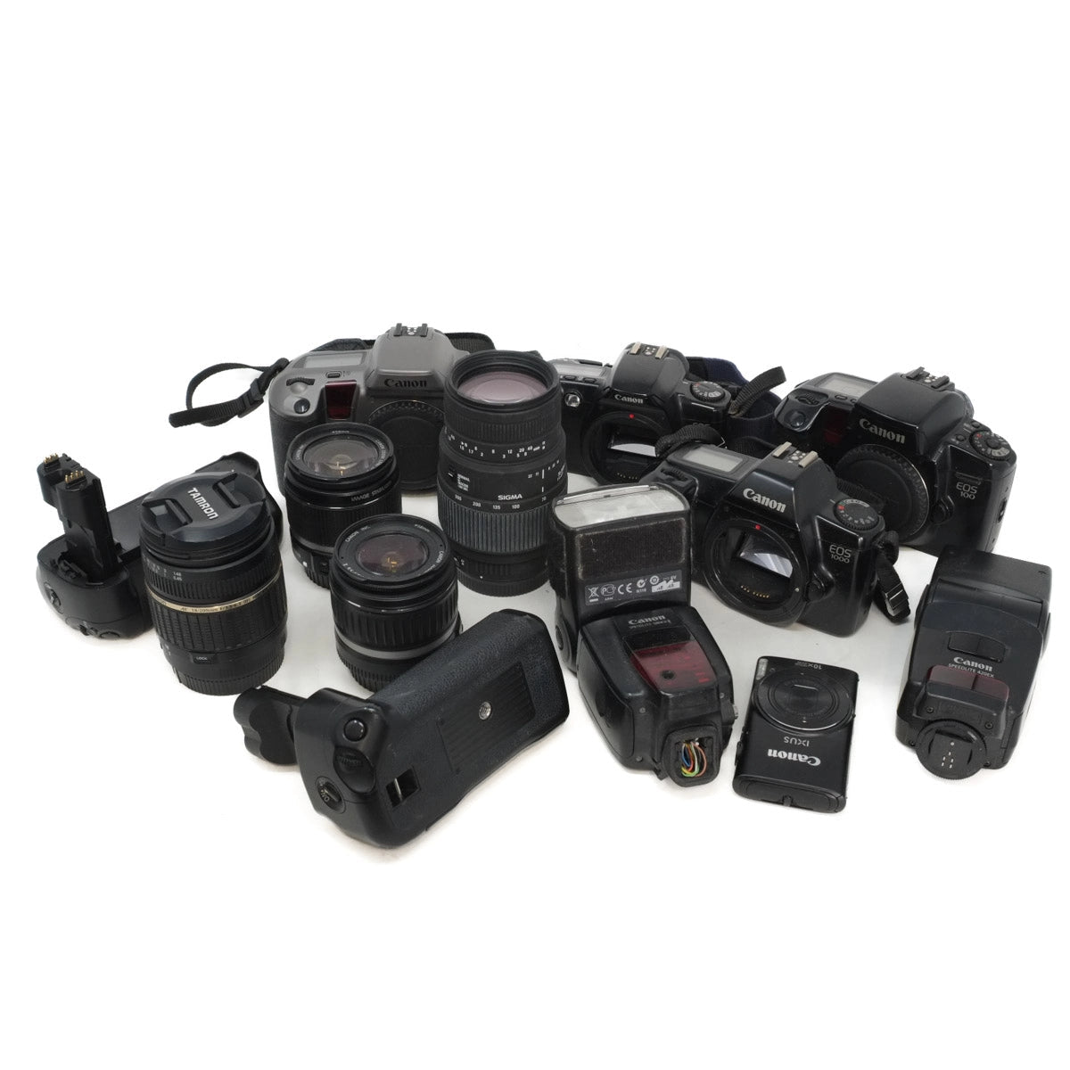 Collection of camera equipment including lenses and bodies on a white background