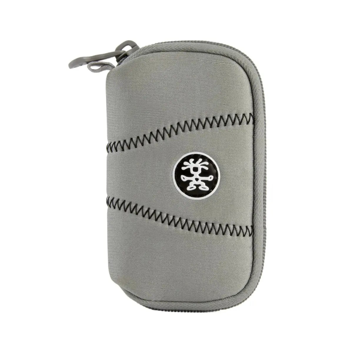 Gray zippered case with a brand logo on a white background